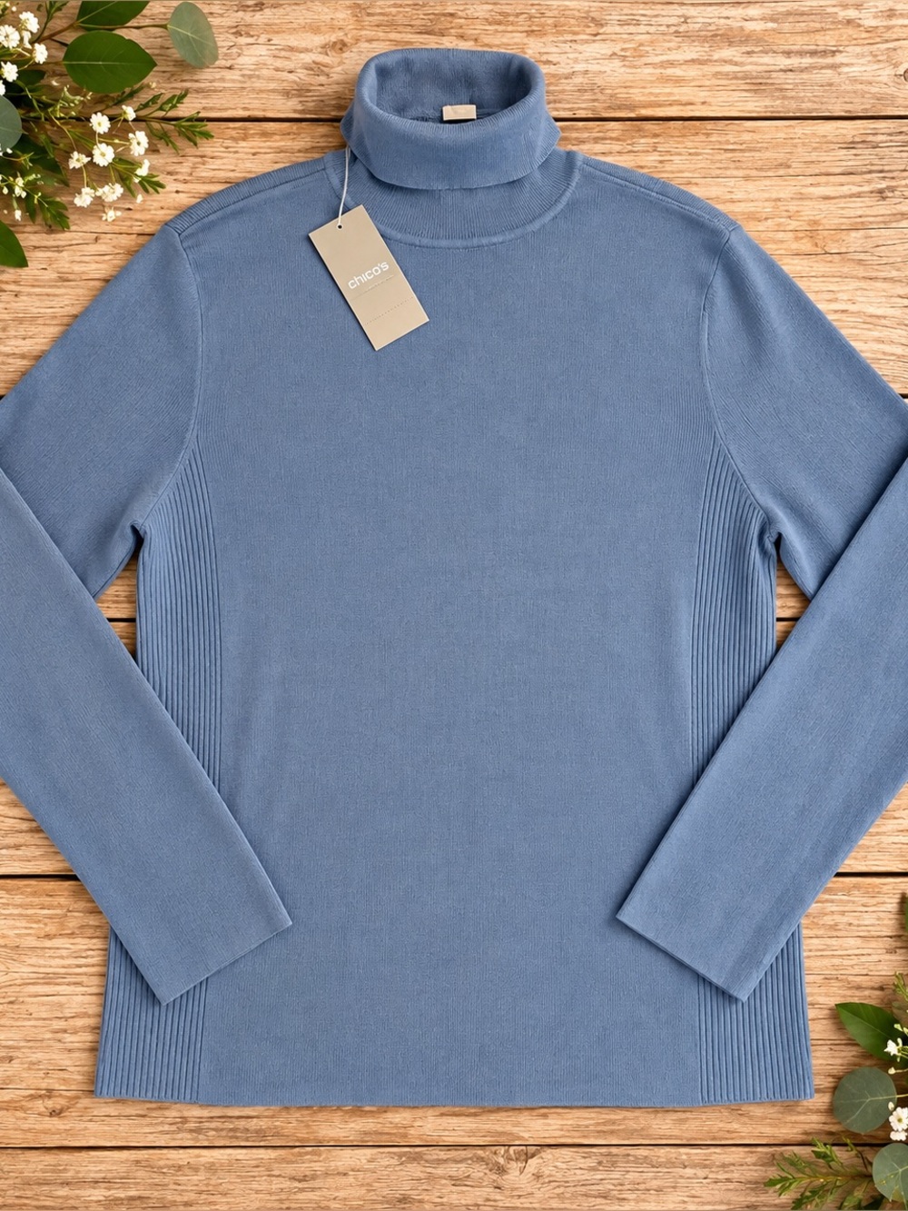 Chico’s NWT Darcy Turtleneck Sweater Size Plus 2 Maltese Blue Ribbed Knit